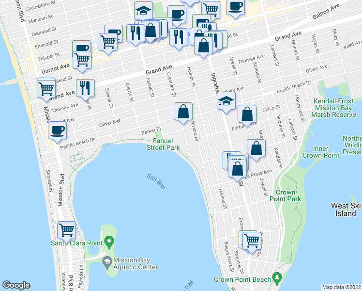 map of restaurants, bars, coffee shops, grocery stores, and more near 3940 Gresham Street in San Diego