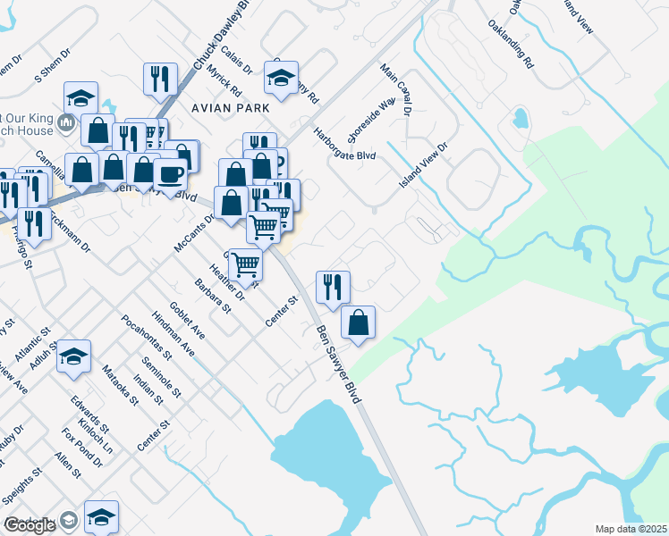 map of restaurants, bars, coffee shops, grocery stores, and more near 1462 North Point Lane in Mount Pleasant