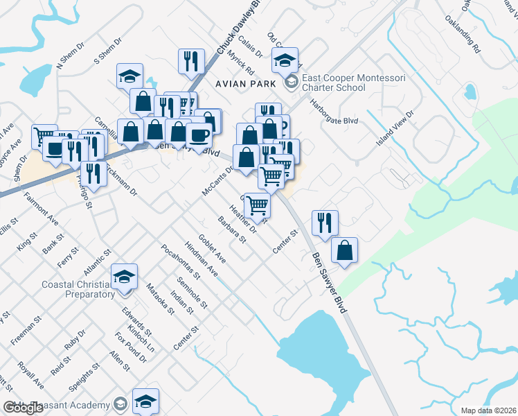 map of restaurants, bars, coffee shops, grocery stores, and more near 1431 Glencoe Drive in Mount Pleasant