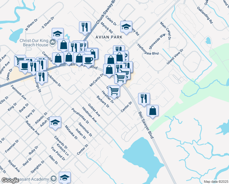 map of restaurants, bars, coffee shops, grocery stores, and more near 1431 Glencoe Drive in Mount Pleasant
