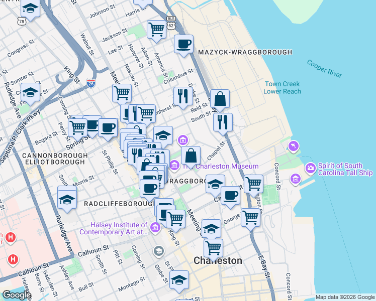 map of restaurants, bars, coffee shops, grocery stores, and more near 48 Elizabeth Street in Charleston
