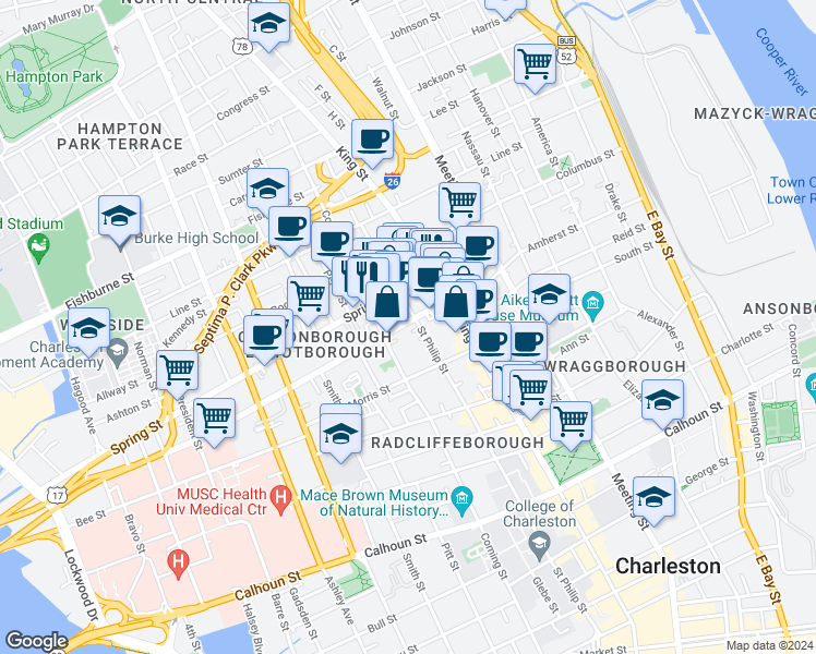 map of restaurants, bars, coffee shops, grocery stores, and more near 15 Brewster Court in Charleston