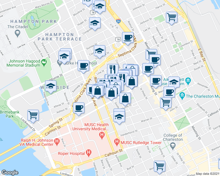 map of restaurants, bars, coffee shops, grocery stores, and more near 24 Ashe Street in Charleston