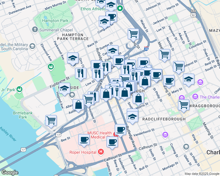 map of restaurants, bars, coffee shops, grocery stores, and more near 4 Catfiddle Street in Charleston