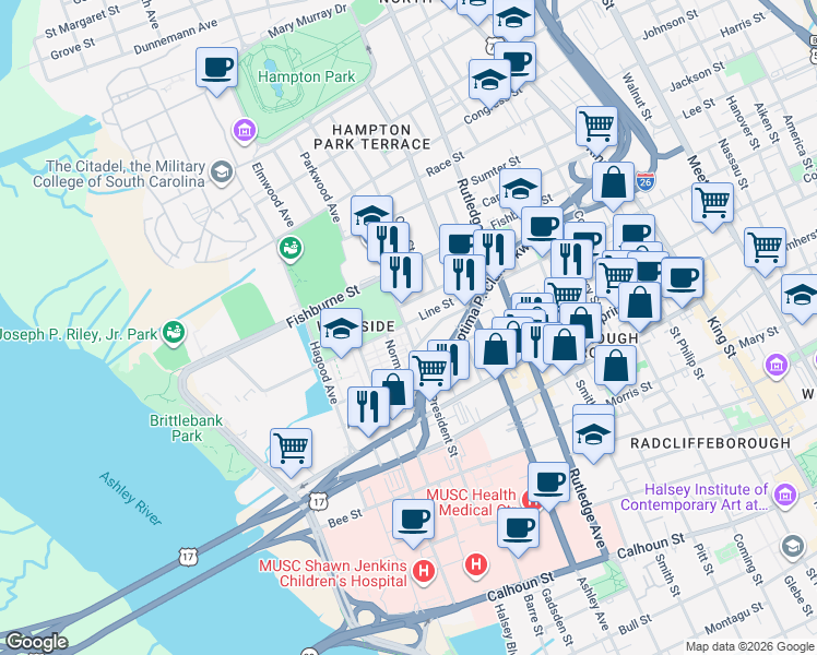 map of restaurants, bars, coffee shops, grocery stores, and more near 203 Line Street in Charleston