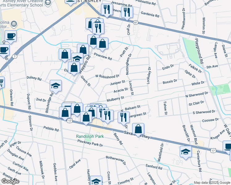 map of restaurants, bars, coffee shops, grocery stores, and more near 831 White Oak Drive in Charleston