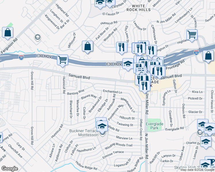 map of restaurants, bars, coffee shops, grocery stores, and more near 5415 Banting Way in Dallas