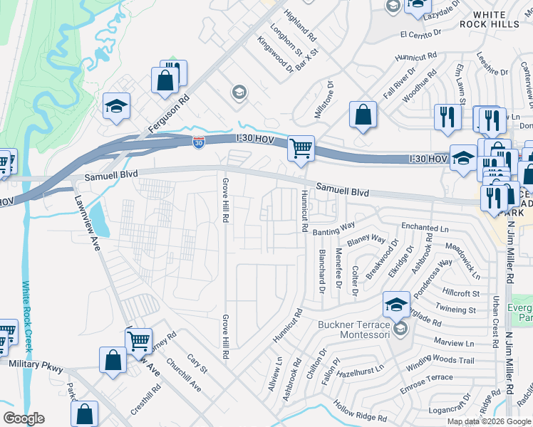 map of restaurants, bars, coffee shops, grocery stores, and more near 7533 Laburnam Road in Dallas