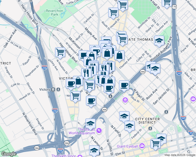 map of restaurants, bars, coffee shops, grocery stores, and more near 2017 Cedar Springs Road in Dallas