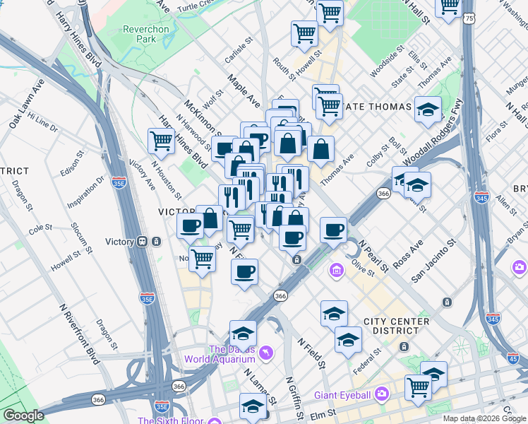 map of restaurants, bars, coffee shops, grocery stores, and more near 2017 Cedar Springs Road in Dallas
