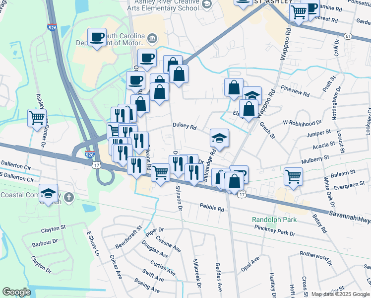 map of restaurants, bars, coffee shops, grocery stores, and more near 1937 Delmar Street in Charleston