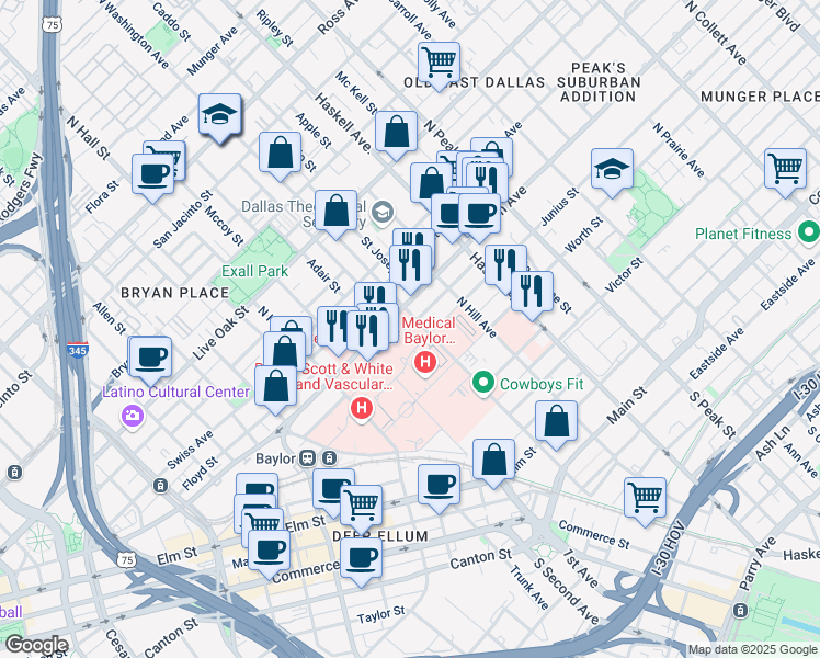 map of restaurants, bars, coffee shops, grocery stores, and more near 3912 Bird Street in Dallas