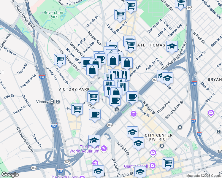 map of restaurants, bars, coffee shops, grocery stores, and more near 2323 Olive Street in Dallas