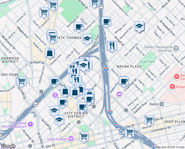 map of restaurants, bars, coffee shops, grocery stores, and more near 2611 Ross Avenue in Dallas
