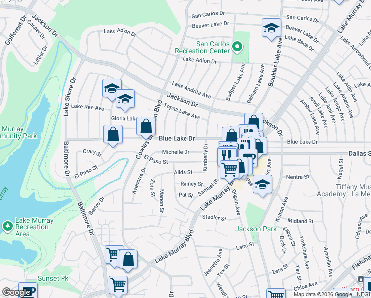 map of restaurants, bars, coffee shops, grocery stores, and more near 7980 Michelle Drive in La Mesa