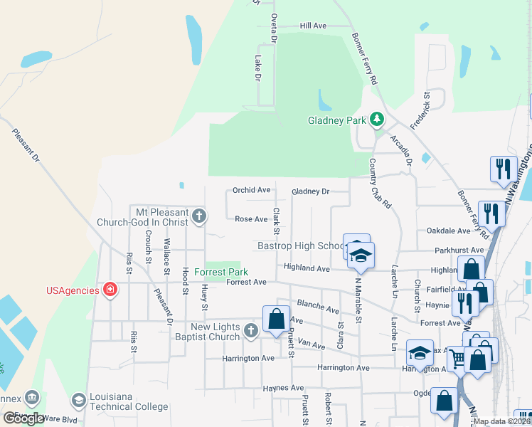 map of restaurants, bars, coffee shops, grocery stores, and more near 1001-1015 Tulip Avenue in Bastrop
