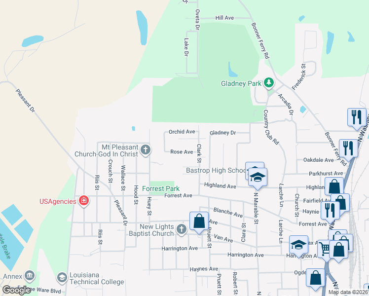 map of restaurants, bars, coffee shops, grocery stores, and more near 1001-1015 Tulip Avenue in Bastrop