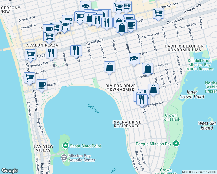 map of restaurants, bars, coffee shops, grocery stores, and more near 3940 Gresham Street in San Diego