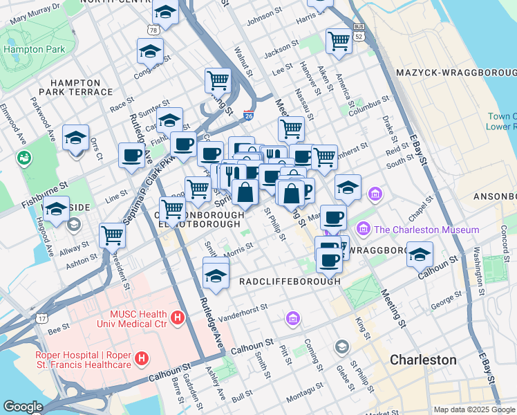 map of restaurants, bars, coffee shops, grocery stores, and more near 23 Cannon Street in Charleston