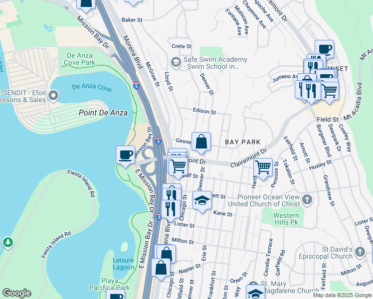 map of restaurants, bars, coffee shops, grocery stores, and more near 2540 Clairemont Drive in San Diego