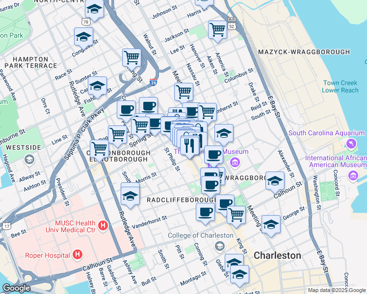 map of restaurants, bars, coffee shops, grocery stores, and more near 547 King Street in Charleston