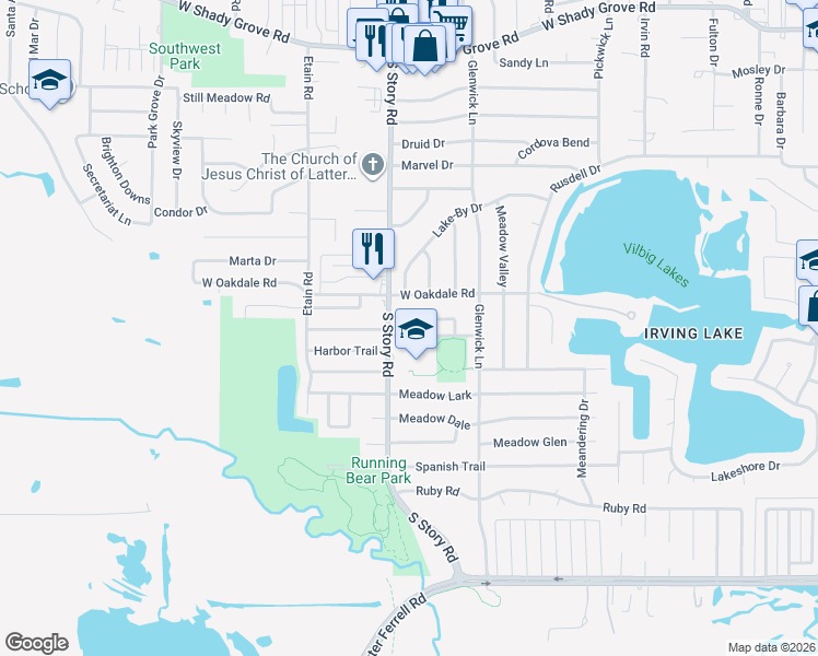 map of restaurants, bars, coffee shops, grocery stores, and more near 2316 Chandelle Drive in Irving