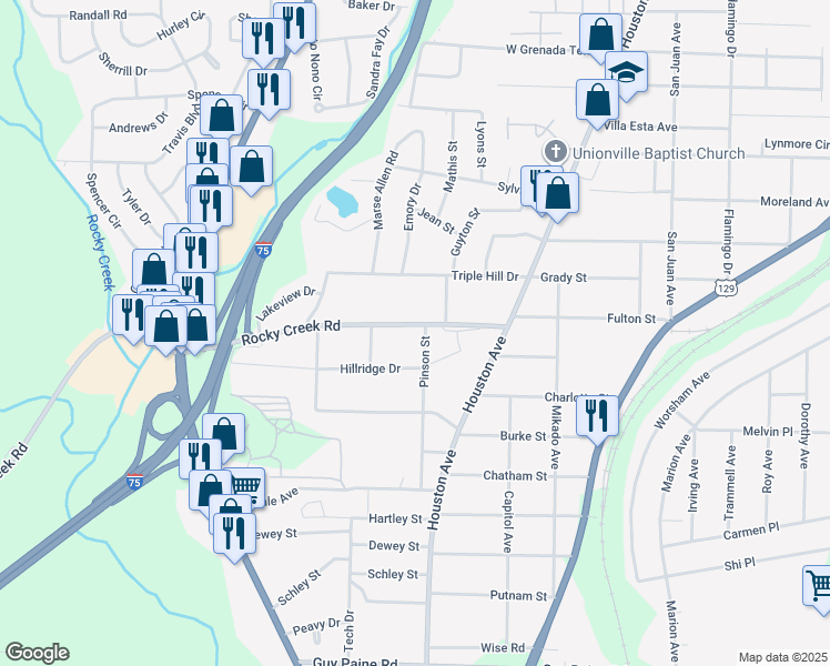 map of restaurants, bars, coffee shops, grocery stores, and more near 1216 Rocky Creek Road in Macon