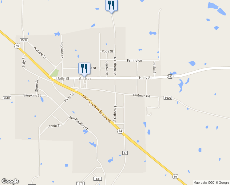 map of restaurants, bars, coffee shops, grocery stores, and more near Quitman Road in Alba