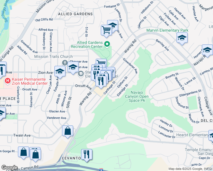 map of restaurants, bars, coffee shops, grocery stores, and more near 5165 Waring Road in San Diego