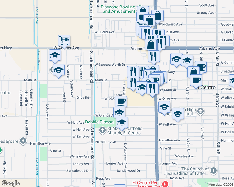 map of restaurants, bars, coffee shops, grocery stores, and more near 1720 West Olive Avenue in El Centro