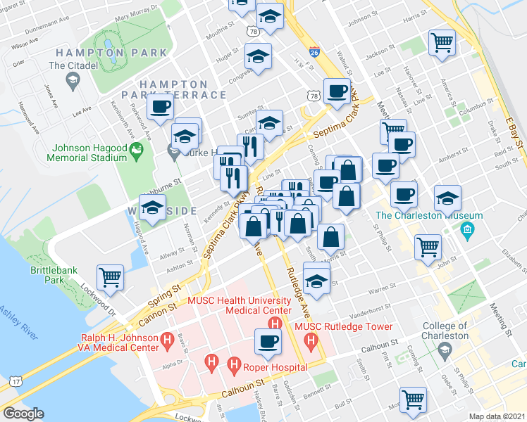 map of restaurants, bars, coffee shops, grocery stores, and more near 245 Rutledge Avenue in Charleston