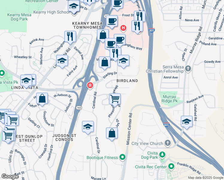 map of restaurants, bars, coffee shops, grocery stores, and more near 7855 Hummingbird Lane in San Diego