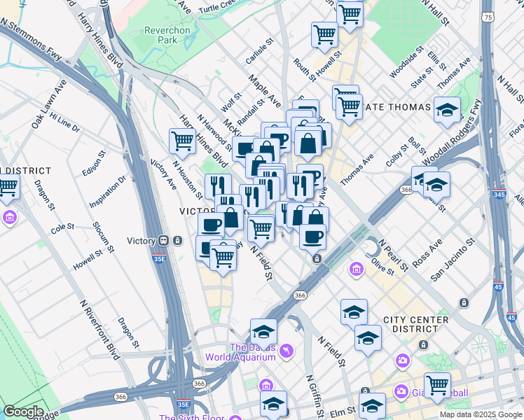 map of restaurants, bars, coffee shops, grocery stores, and more near 2515 Harry Hines Boulevard in Dallas