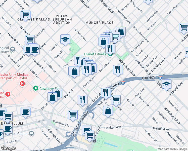 map of restaurants, bars, coffee shops, grocery stores, and more near 4515 East Side Avenue in Dallas