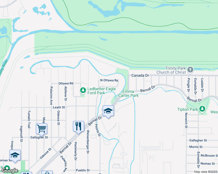 map of restaurants, bars, coffee shops, grocery stores, and more near 4503 South Ottawa Road in Dallas