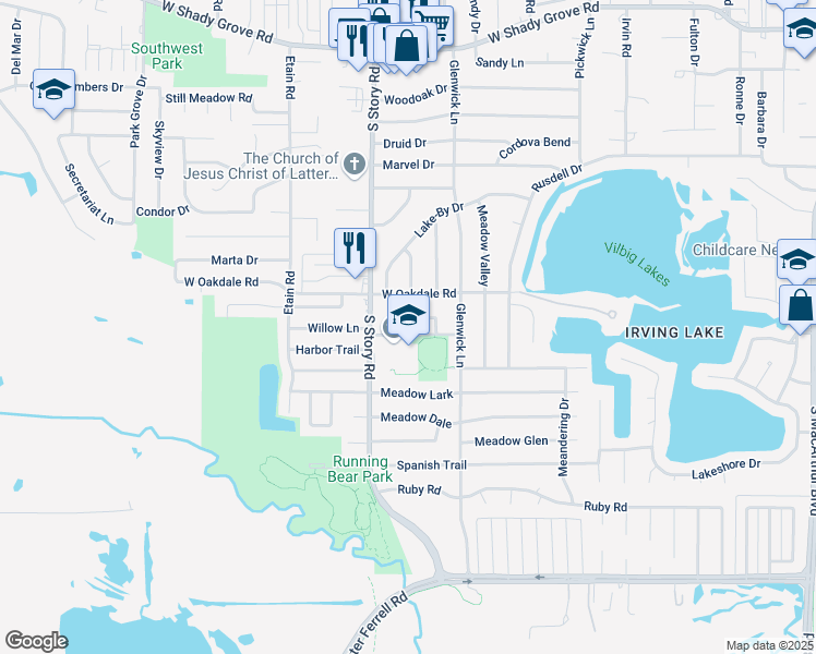 map of restaurants, bars, coffee shops, grocery stores, and more near 2230 Chandelle Drive in Irving