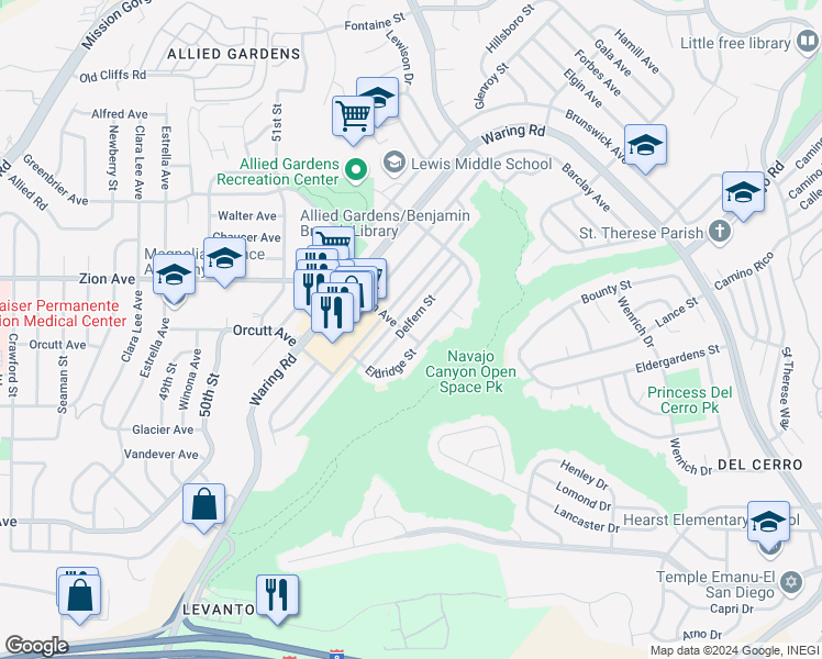 map of restaurants, bars, coffee shops, grocery stores, and more near 6601 Delfern Street in San Diego