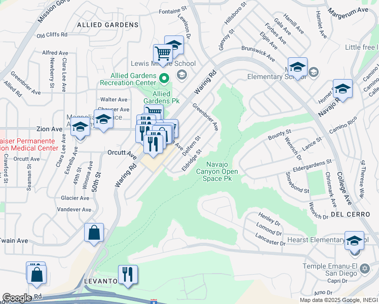 map of restaurants, bars, coffee shops, grocery stores, and more near 6601 Delfern Street in San Diego