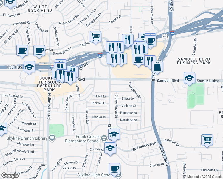 map of restaurants, bars, coffee shops, grocery stores, and more near 7105 Rolling Fork Drive in Dallas
