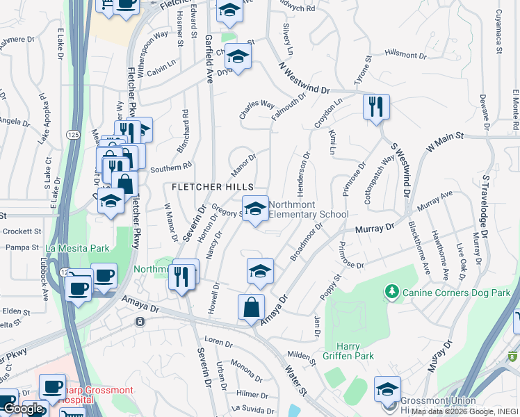 map of restaurants, bars, coffee shops, grocery stores, and more near 6206 Falmouth Drive in La Mesa
