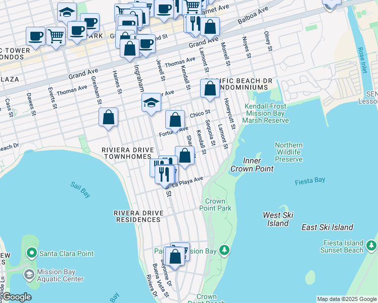 map of restaurants, bars, coffee shops, grocery stores, and more near 1740 Roosevelt Avenue in San Diego