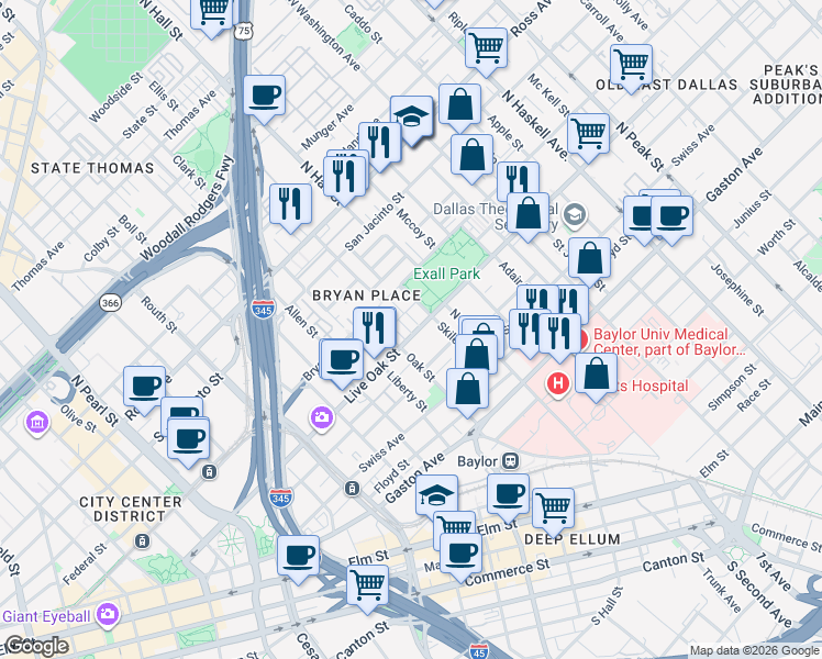 map of restaurants, bars, coffee shops, grocery stores, and more near 3110 Live Oak Street in Dallas