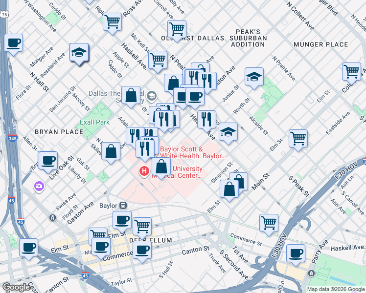 map of restaurants, bars, coffee shops, grocery stores, and more near 3921 Worth Street in Dallas