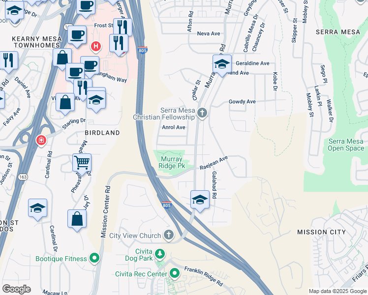 map of restaurants, bars, coffee shops, grocery stores, and more near 8687 Chantilly Avenue in San Diego