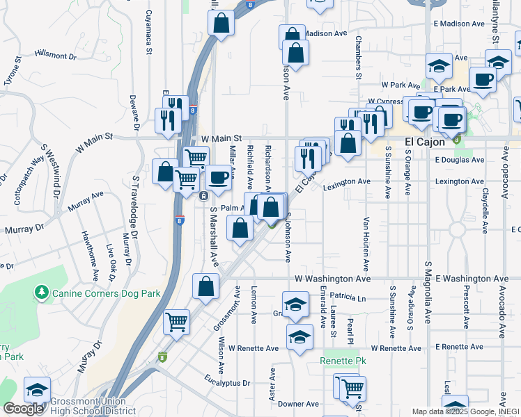 map of restaurants, bars, coffee shops, grocery stores, and more near 838 Palm Avenue in El Cajon