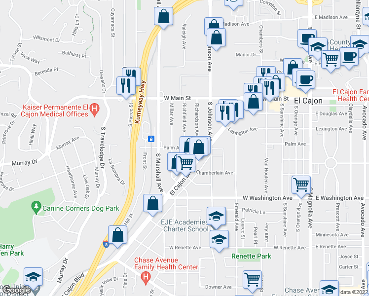 map of restaurants, bars, coffee shops, grocery stores, and more near 838 Palm Avenue in El Cajon