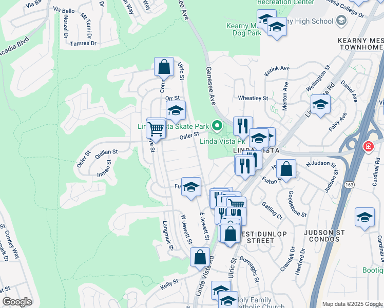 map of restaurants, bars, coffee shops, grocery stores, and more near 2647 Ulric Street in San Diego