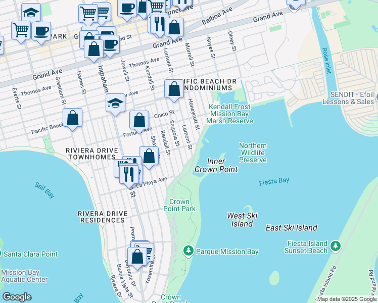 map of restaurants, bars, coffee shops, grocery stores, and more near in San Diego