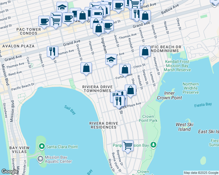 map of restaurants, bars, coffee shops, grocery stores, and more near 3940 Ingraham Street in San Diego
