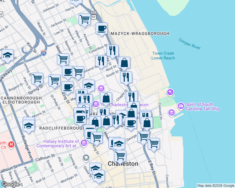 map of restaurants, bars, coffee shops, grocery stores, and more near 18F Chapel Street in Charleston